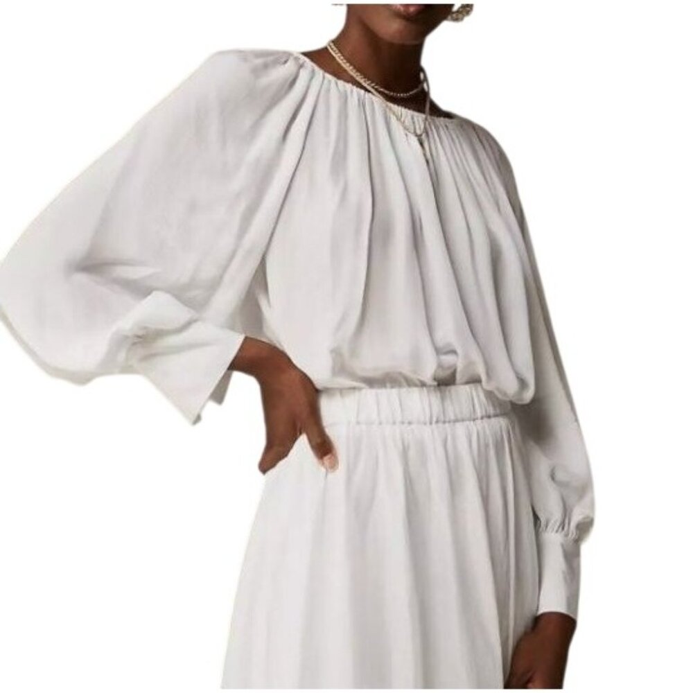 J.Crew Collection sheer gathered top white relaxed smocked plated sz‎ L